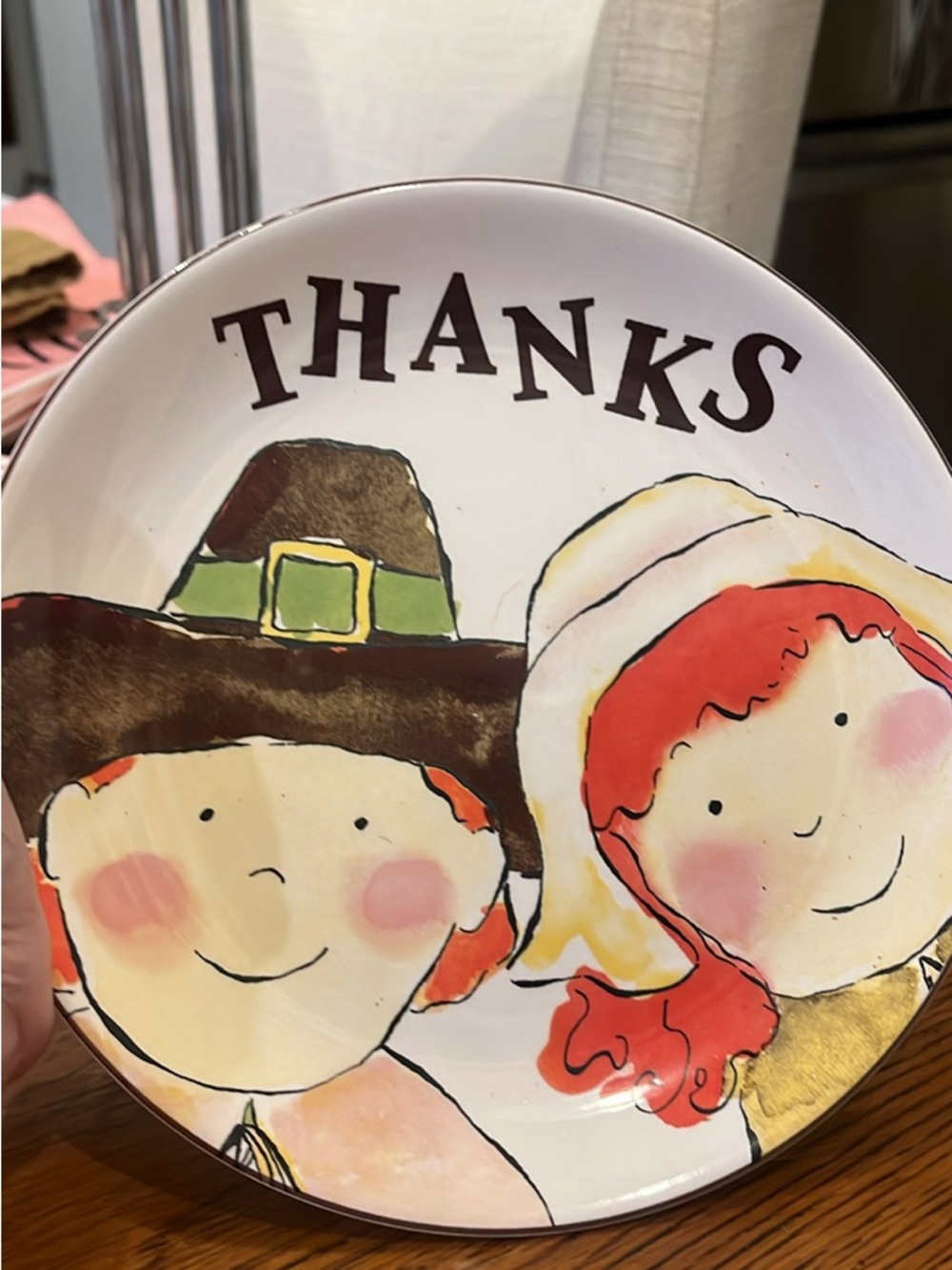 Thanks Pilgrim Dessert Plate - White with Brown & Red Accents